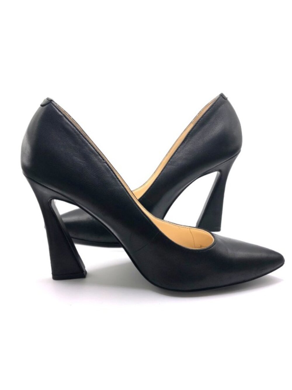 Nine West Black Leather Pointed Toe Sculptural Heel Pumps 7.5M